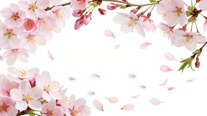 Fototapeta premium The frame is adorned with a cascade of cherry blossoms, with delicate pink and white petals falling gently around the edges.
