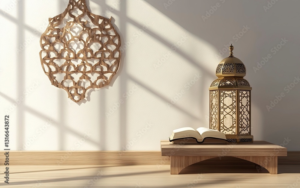 Poster 3d rendering of an islamic background with white space in the center, featuring a lantern and quran 