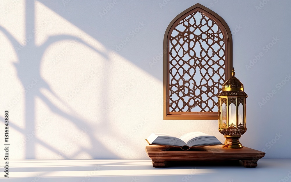 Poster 3d rendering of an islamic background with white space in the center, featuring a lantern and quran 