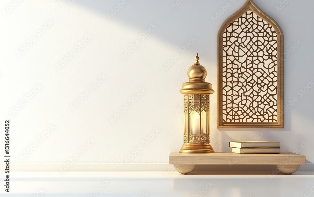 Poster 3d rendering of an islamic background with white space in the center, featuring a lantern and quran 
