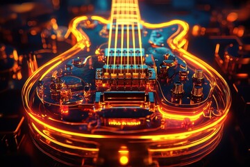 An illuminated electric guitar design with glowing neon orange lighting