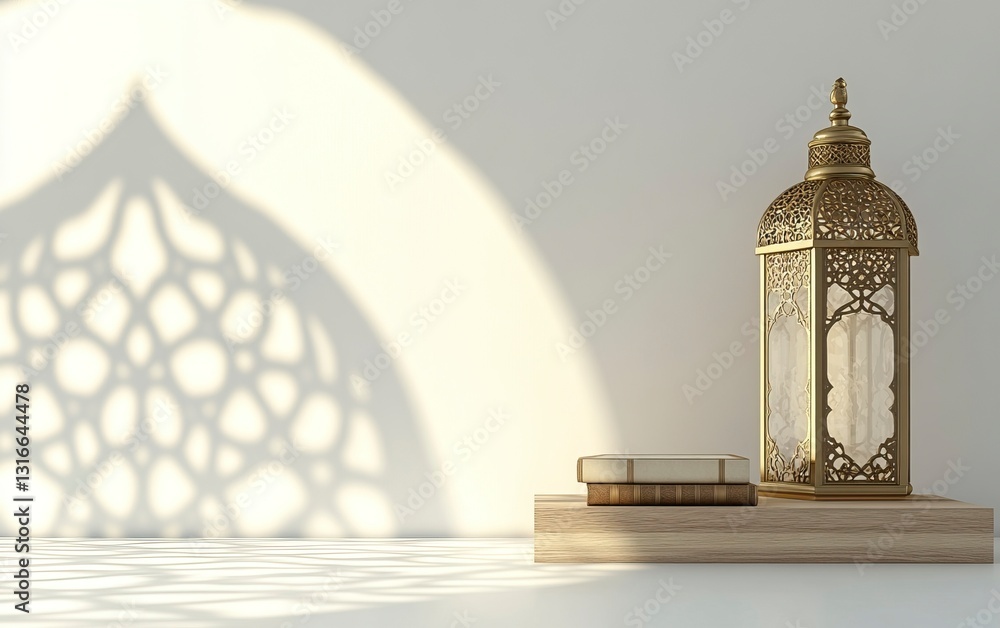 Poster 3d rendering of an islamic background with white space in the center, featuring a lantern and quran 
