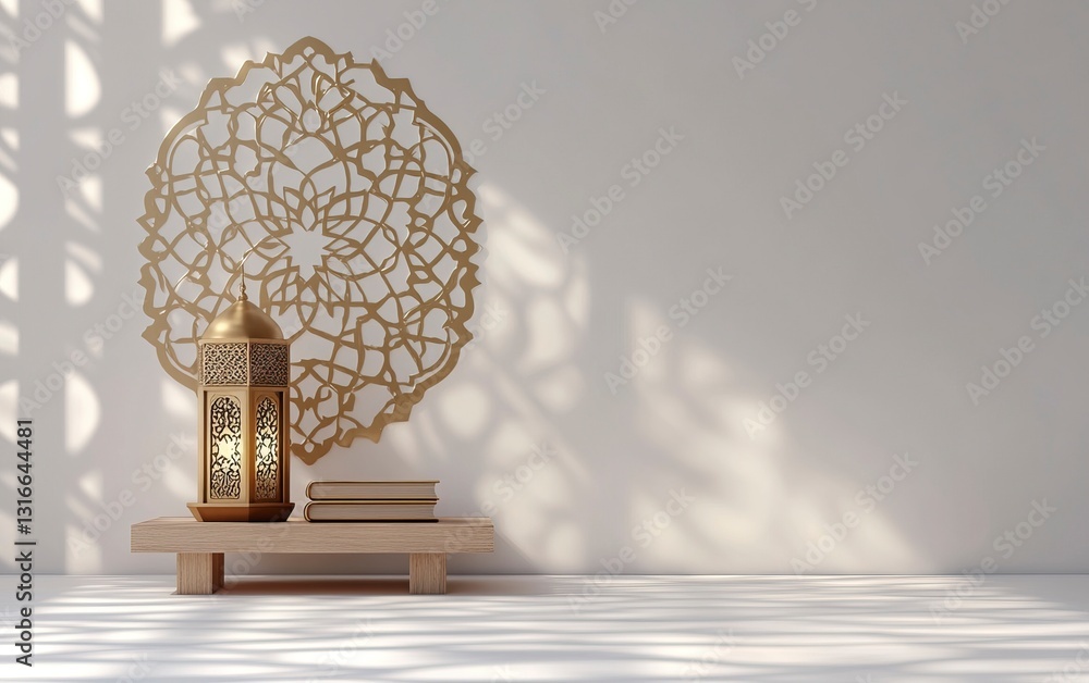 Poster 3d rendering of an islamic background with white space in the center, featuring a lantern and quran 