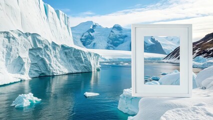 The frame is encircled by the cool, serene beauty of an arctic landscape, with towering icebergs and a calm, icy blue sea.