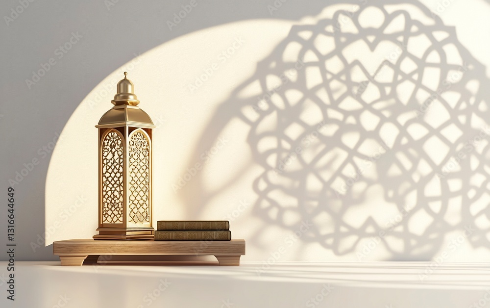 Poster 3d rendering of an islamic background with white space in the center, featuring a lantern and quran 