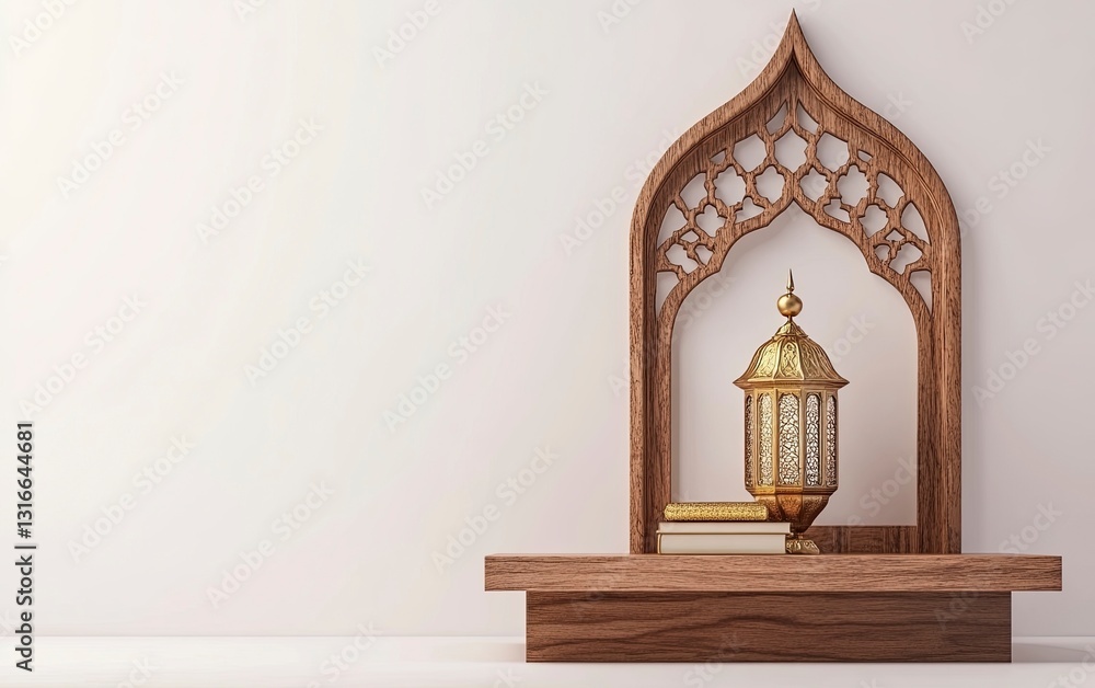 Poster 3d rendering of an islamic background with white space in the center, featuring a lantern and quran 