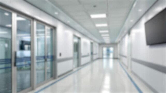 Collection of Footage "Blurred Contemporary hospital corridor with clean white walls, digital signage, automatic doors, and a sterile, futuristic medical environment. Professional healthcare setting"