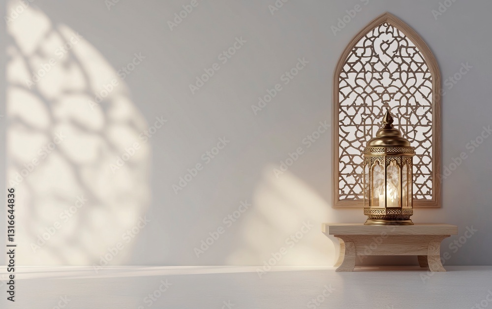 Poster 3d rendering of an islamic background with white space in the center, featuring a lantern and quran 