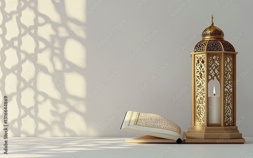 Poster 3d rendering of an islamic background with white space in the center, featuring a lantern and quran 