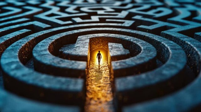 Exploration of person navigating labyrinth, seeking light and hope on complex journey through mazes path.