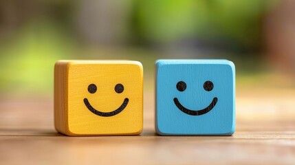 Two cheerful blocks with smiley faces, one yellow and one blue, set against a soft blurred green background.