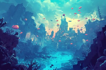 Underwater City with Floating Fish and Towering Stone Structures