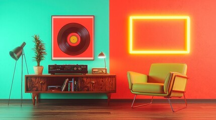 Mid-century modern living room with jazz record collection, stylish cozy vibe, bold black outlines, solid colors, pop art design, cool neon-lit color palette, geometric style