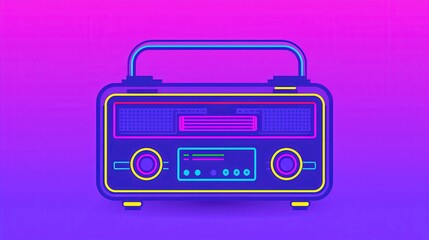 Nostalgic Jazz Radio Artwork, a vibrant design featuring glowing dials, bold outlines, solid colors, and a cool neon palette, capturing retro American warmth in a pop art style.
