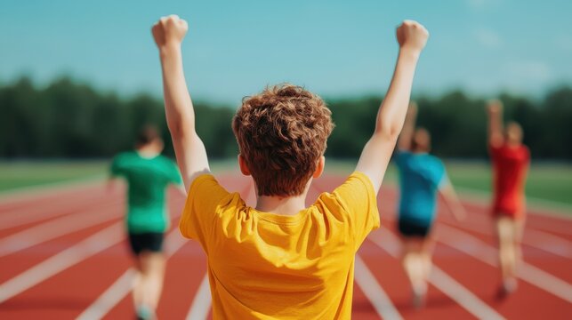 running track runners team, A child in a yellow shirt celebrates victory as others run in the background on a track.