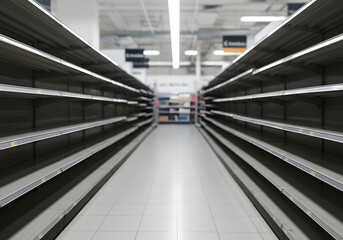 Fototapeta premium Empty Supermarket Shelves Aisle Illustrating Supply Shortages and Retail Challenges