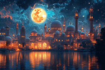 Obraz premium Mystical Cityscape With Glowing Domes and Minarets Bathed in Moonlight Reflecting on Tranquil Waters