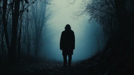 Fototapeta premium Mysterious figure walks alone in foggy forest at dusk