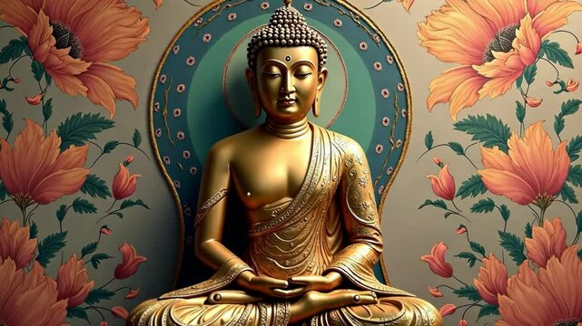 Buddha Purnima, Vesak day. Gold statue of a Buddha sitting in a lotus position. The statue is surrounded by a floral patterned wall