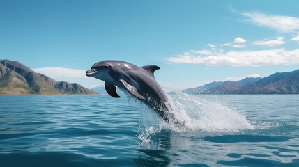 A dolphin leaps out of the water, creating a splash