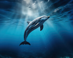 Naklejka premium A dolphin is swimming in the ocean with the sun shining on it