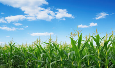 A field of corn is growing in a sunny day