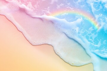 Fototapeta premium Colorful beach shoreline showing waves washing over the sand and a rainbow