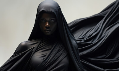 A woman in a black robe with a hood over her head