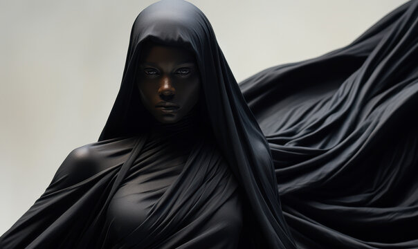 A woman in a black robe with a hood over her head