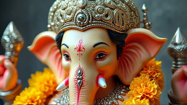 Buddha Purnima, Vesak day. Small ganesh statue with a yellow garland around it. The statue is holding a stick in its right hand