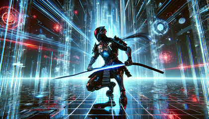 Neon Futuristic Samurai Warrior – Cyberpunk Style Illustration at blue abstract background