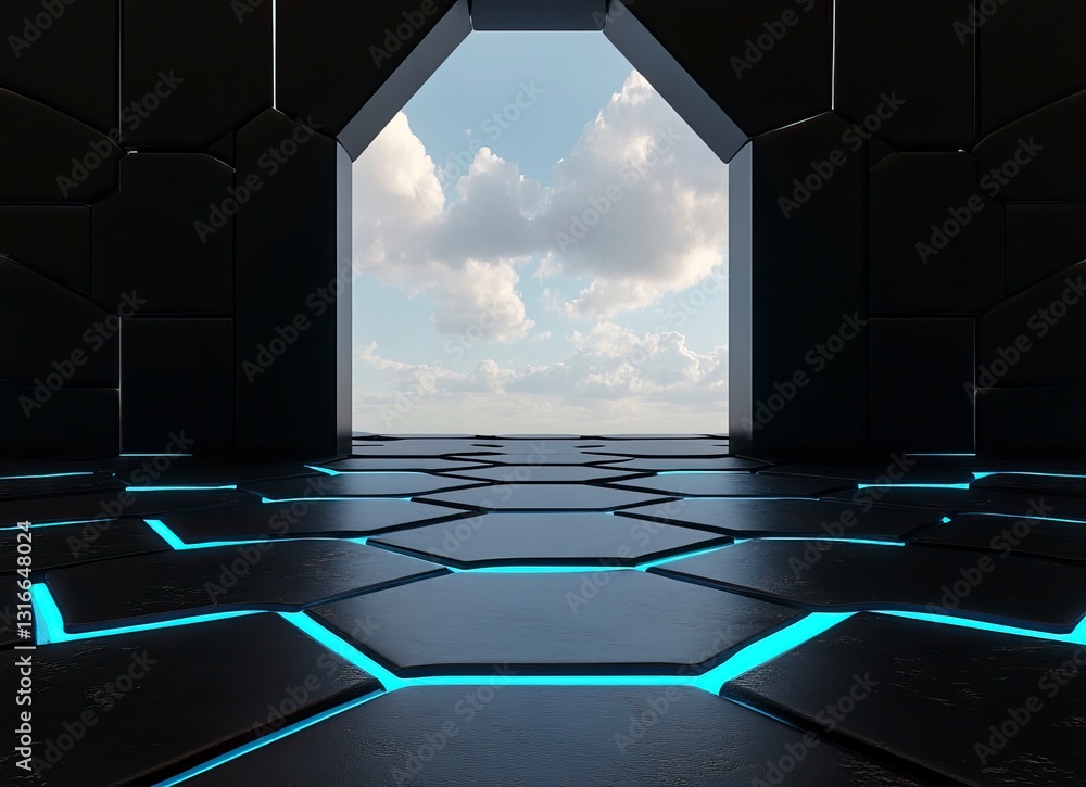 Poster 3d rendering of black hexagon floor with blue glowing edges, black walls and sky background with lig