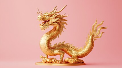 Fototapeta premium Golden Dragon Statue on Pink Background, Showcasing a Luxurious and Mythical Design. Exquisite Craftsmanship with Detailed Scales and Majestic Presence.