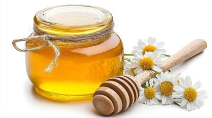 Experience the natural sweetness of golden honey, carefully preserved in a charming glass jar This delectable treat is paired with delicate chamomile flowers, creating a visually appealing and