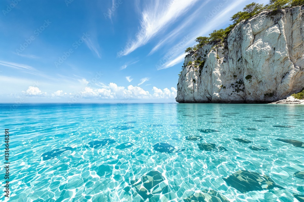 Poster scenic view of a turquoise sea with rocky cliffs covered in green trees under a sky with wispy cloud