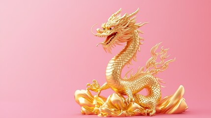 Fototapeta premium Golden Dragon Statue on Pink Background, Showcasing a Luxurious and Mythical Design. Exquisite Craftsmanship with Detailed Scales and Majestic Presence.