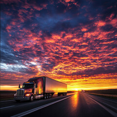 cargo truck on highway at sunset