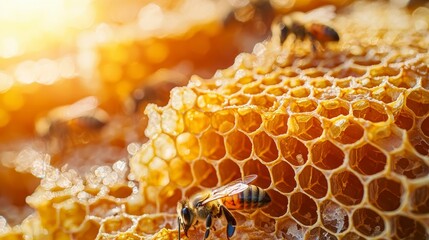 Glistening golden honeycomb, a testament to nature's artistry, radiates warmth under the sun's embrace The meticulous hexagonal cells, each a tiny treasure chest, house the sweet nectar transformed