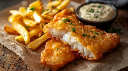 Golden crispy fish and chips, a classic British culinary delight, presented artfully on rustic parchment paper The flaky white fish, encased in a perfectly fried batter, rests beside a generous