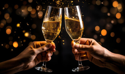 Two people are holding up champagne glasses to toast