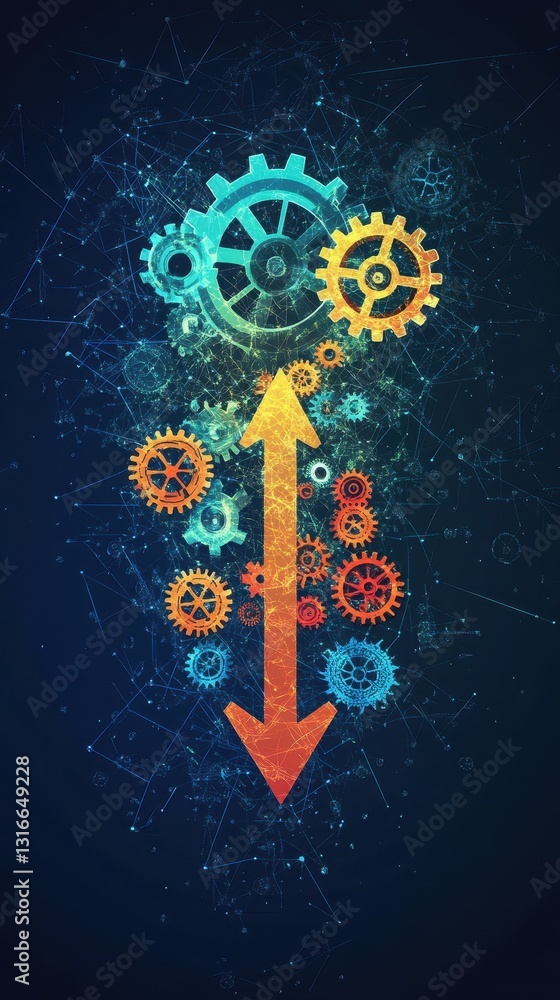 Poster abstract depiction of gears and arrow representing technological progress