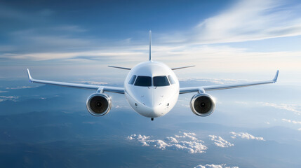 A white airplane is flying through the sky