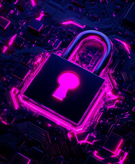 Cybersecurity lock on circuit board, Futuristic security illustration. Pink neon padlock with tech background, data protection concept