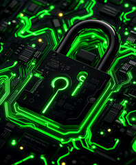 Cybersecurity lock on circuit board, Futuristic security illustration. Green neon padlock with tech background, data protection concept