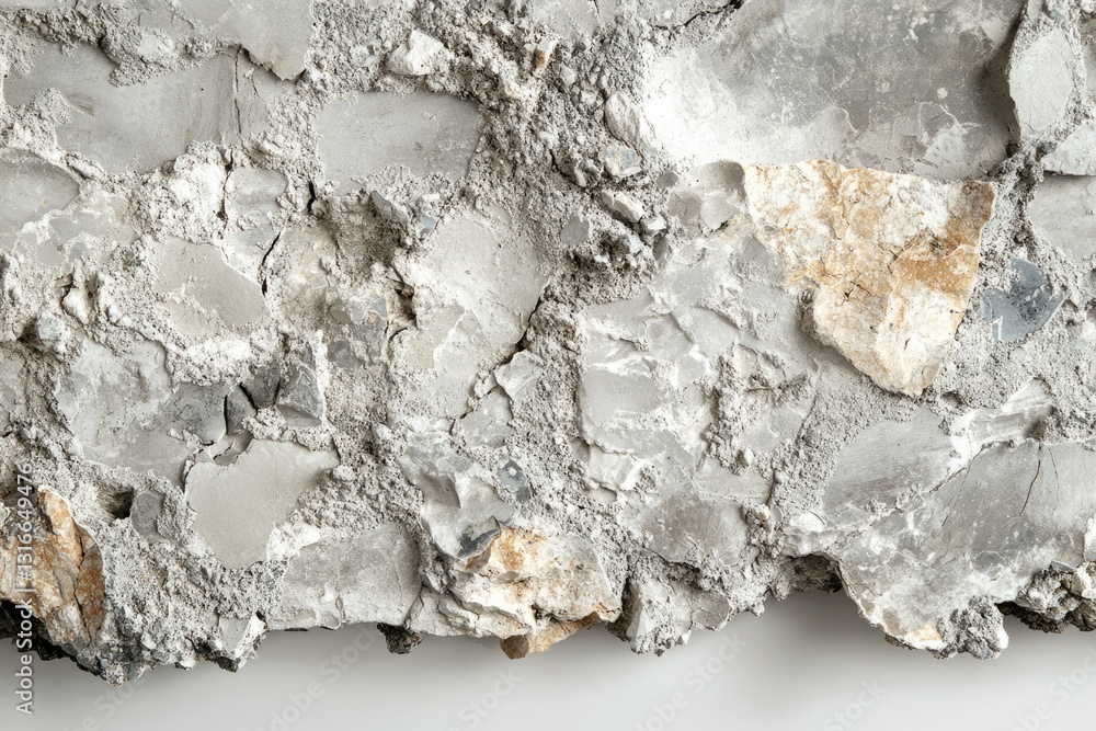 Poster a close-up view of a broken, gray and beige rock formation with visible cracks and texture.