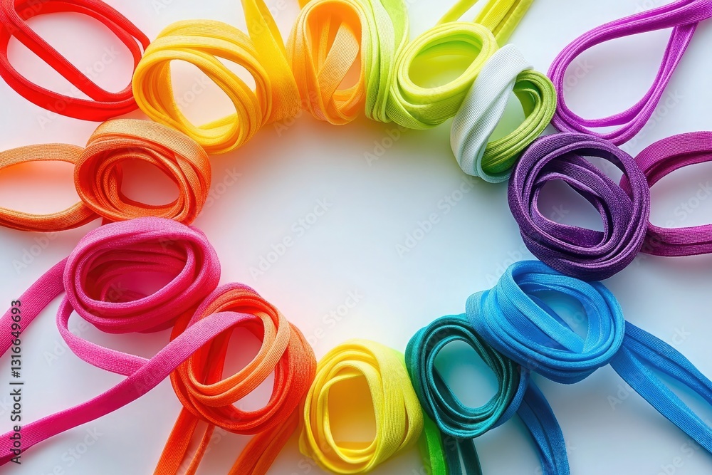 Poster rainbow colored elastic cords arranged in a circle on white background