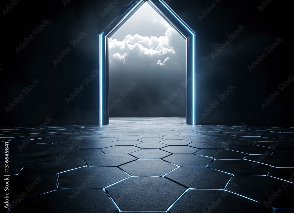 Poster 3d rendering of black hexagon floor with light in the background. an empty room with black walls and
