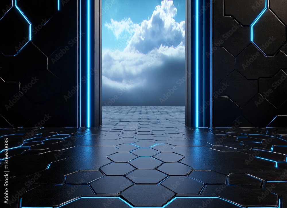 Poster 3d rendering of black hexagon floor with light in the background. an empty room with black walls and