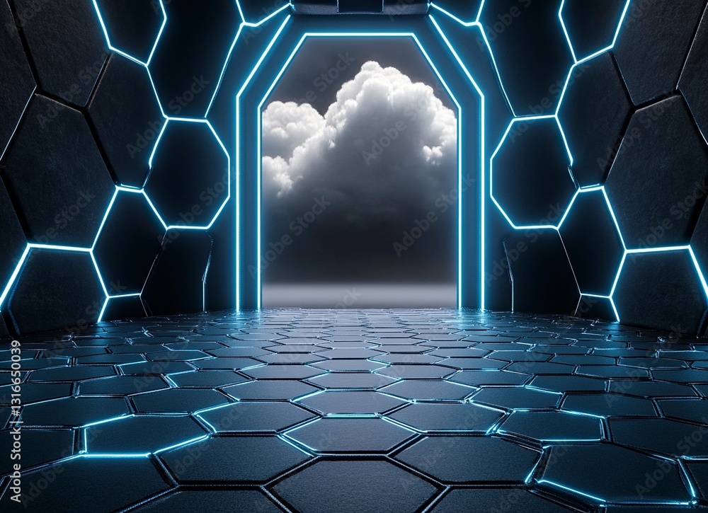 Poster 3d rendering of black hexagon floor with light in the background. an empty room with black walls and