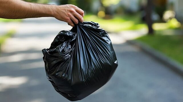 Person holding garbage bag on city street